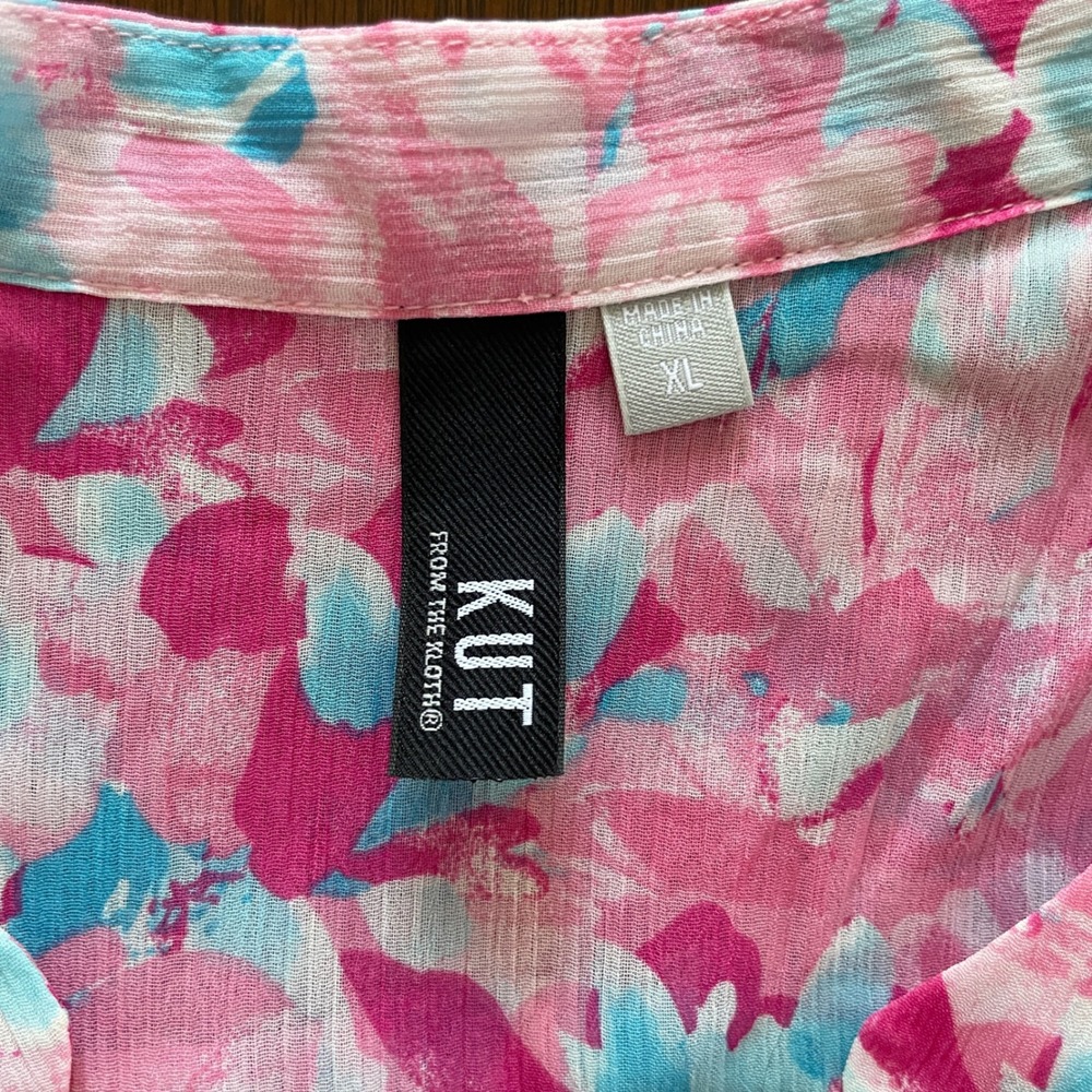 KUT from the Kloth Blouse Womens XL Pink Blue Floral Roll Tab Sleeve Boho Top - Picture 5 of 9